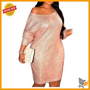 Plus Size Sequin Bodycon Midi Dress Off Shoulder Batwing Sleeves